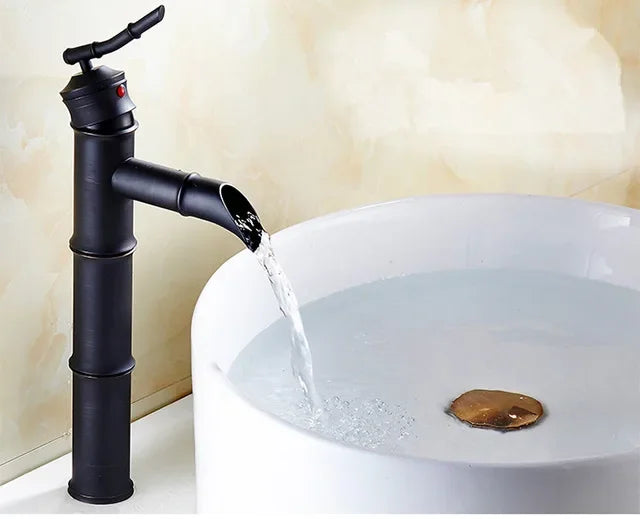 DecorBites™ Black Bronze Waterfall Faucet Bamboo Bathroom Sink Tap High Arch Mixer