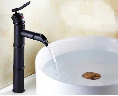DecorBites™ Black Bronze Waterfall Faucet Bamboo Bathroom Sink Tap High Arch Mixer