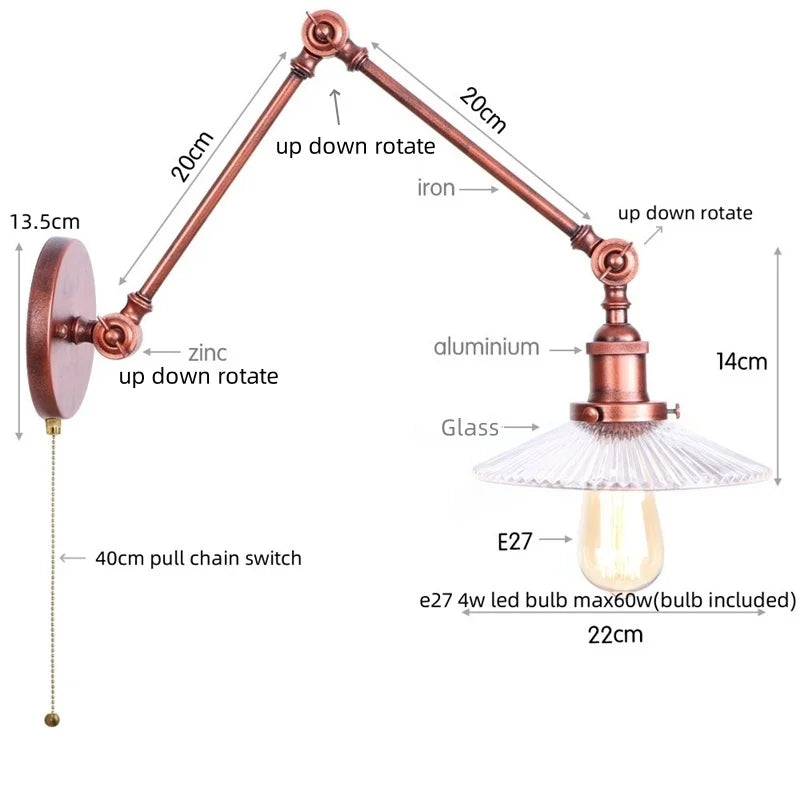 DecorBites™ مصباح حائط LED بذراع دوارة زجاجي قابل للتعديل مع مفتاح سلسلة سحب