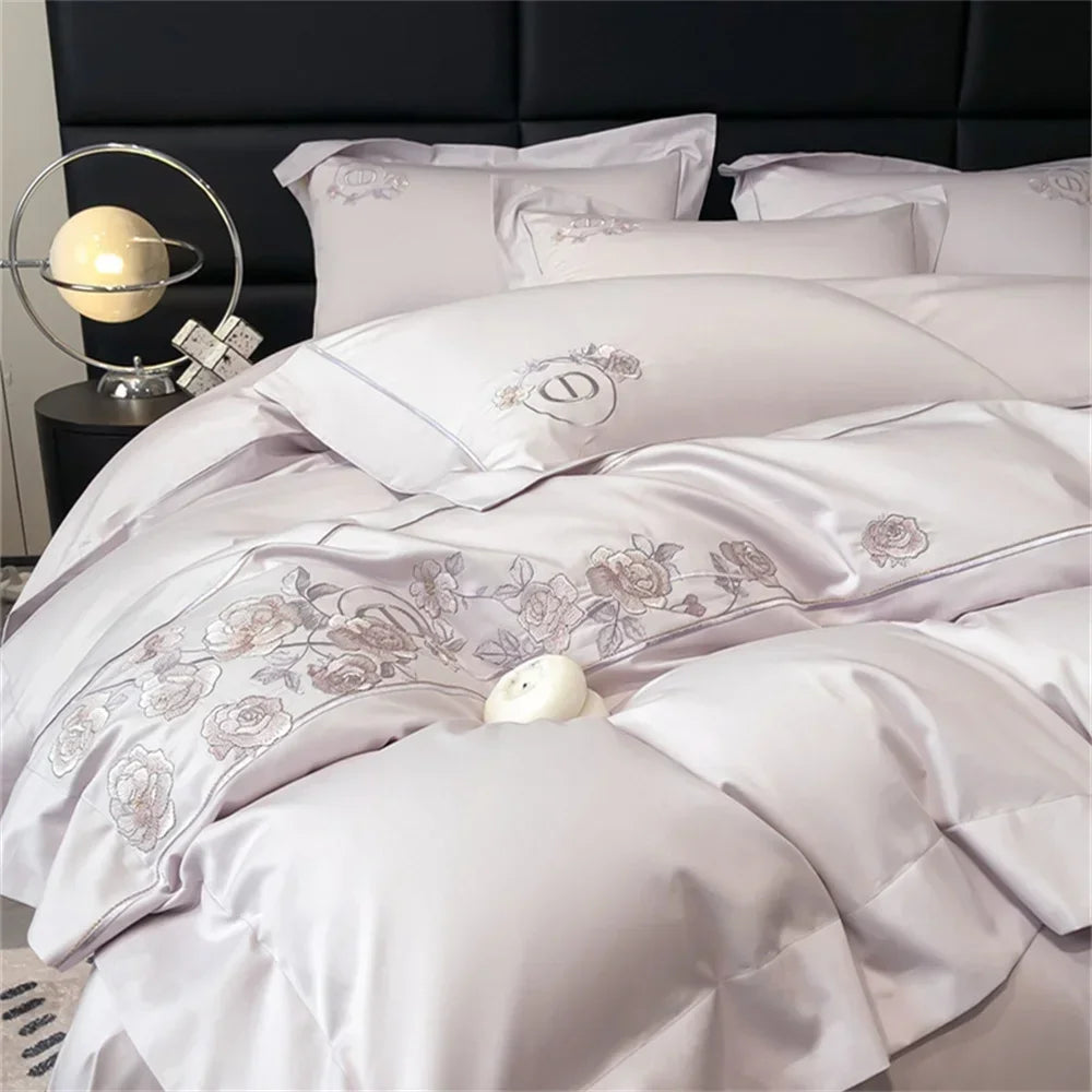 Decobites Pale Mauve Flowers Embroidery 1000TC Egyptian Cotton Bedding Set - Queen King Size