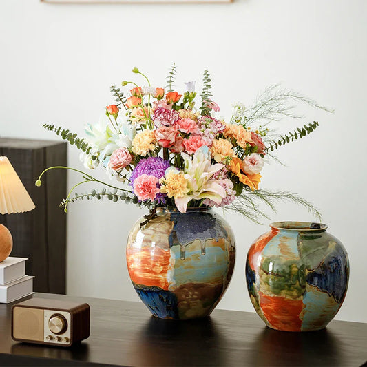 DecorBites™ Ceramic Vase with Unique Color Stitching, Hand-drawn Floral Design - Home Decor Accessory