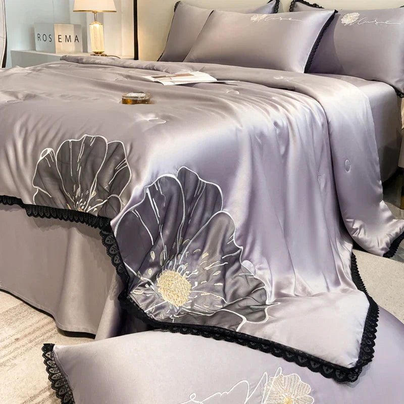 Decobites Luxe Flower Embroidered Cool Quilt Set - Lightweight, Silky, High-End Comfort