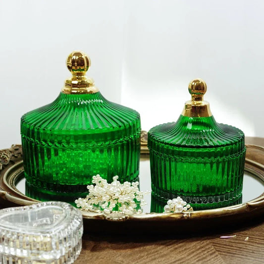 DecorBites™ Green Striped Glass Jar with Lid, Small Objects Jewelry Storage Jar