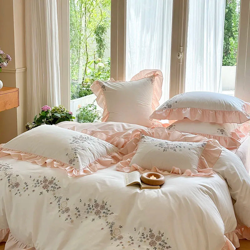 Decobites Korean Princess Lace Ruffles Flowers Embroidery Bedding Set with 100% Cotton Quality.