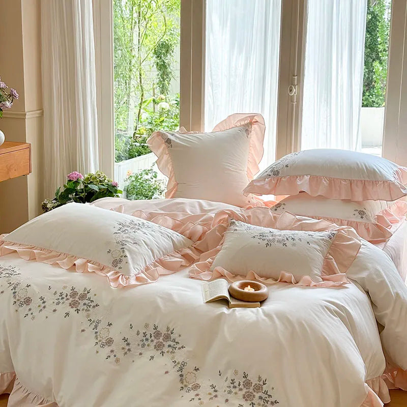 Juego de ropa de cama Decorbites™ Princesa Coreana con Volantes de Encaje, Flores y Bordado, de Calidad 100% Algodón.