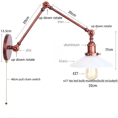 DecorBites™ مصباح حائط LED بذراع دوارة زجاجي قابل للتعديل مع مفتاح سلسلة سحب