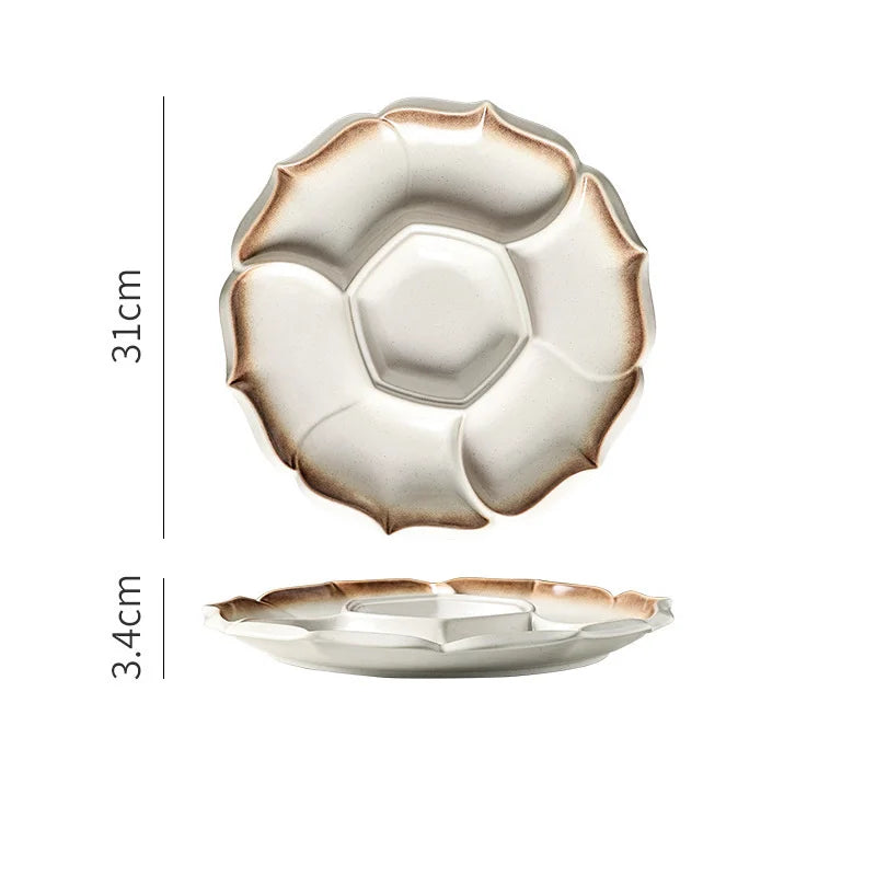 Plato llano de cerámica DecorBites™ con 4 compartimentos - Vajilla retro para frutas, aperitivos y postres