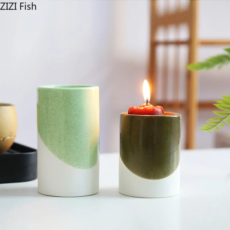 DecorBites™ Green Cylinder Candle Holder Set for Romantic Home Decor