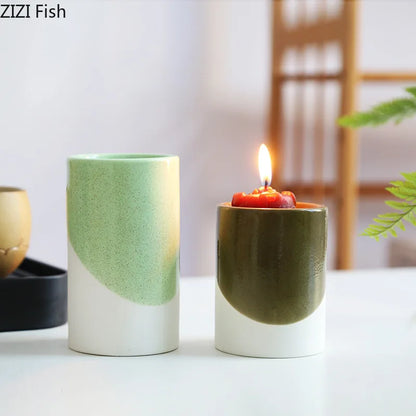 DecorBites™ Green Cylinder Candle Holder Set for Romantic Home Decor