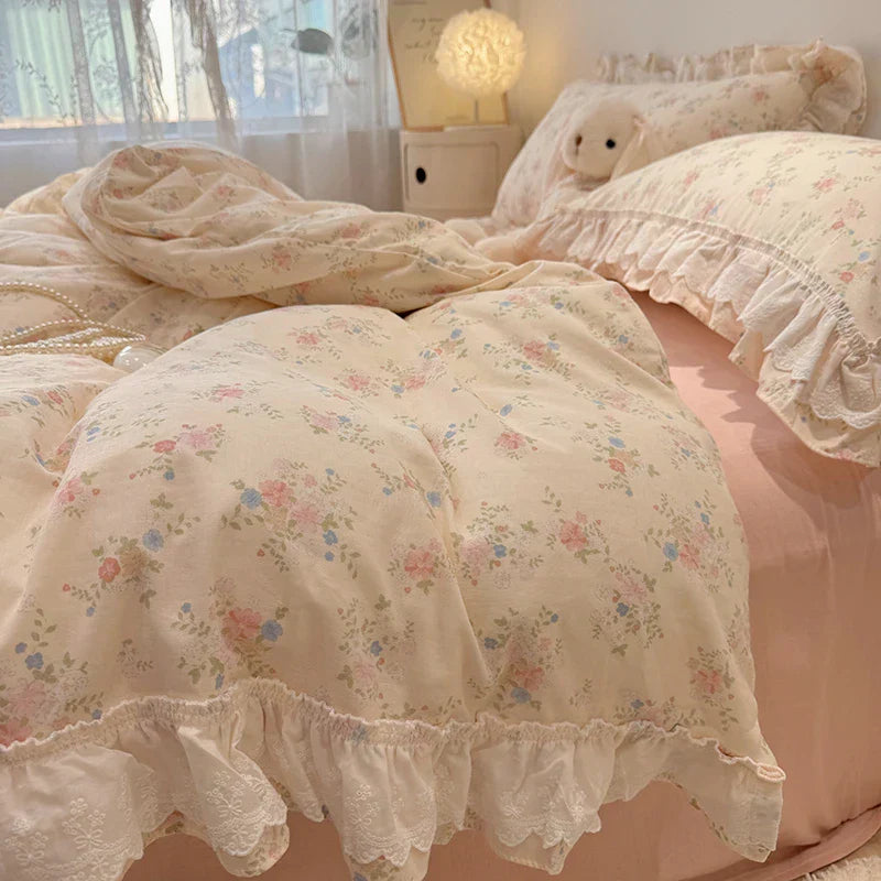 Decobites Floral Lace Ruffles Bedding Set in 100% Cotton, Korean Style, Single/Queen/King Size