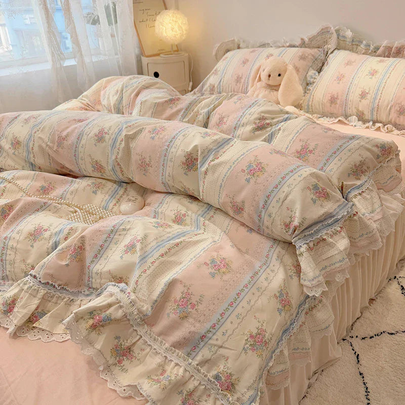 Decobites Princess Style Lace Ruffles Bedding Set - 100% Cotton, 3/4Pcs, Korean Design