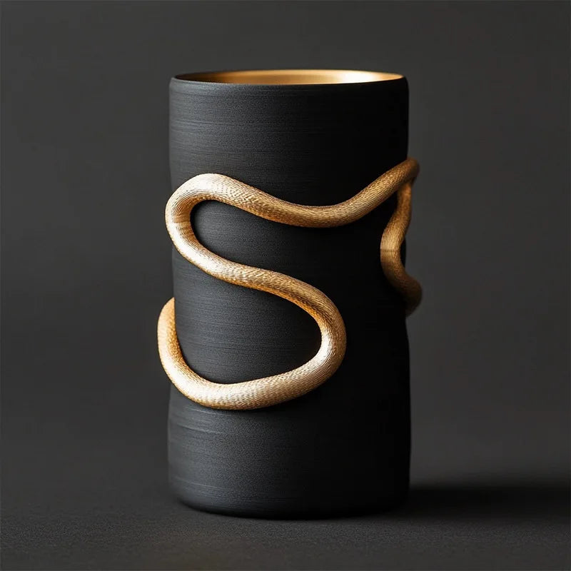 DecorBites™ Black Snake Pattern Vase with Gold Accents