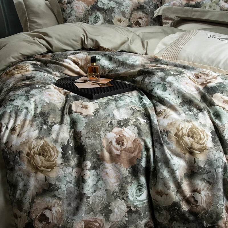 Decobites Vintage Flowers Bedding Set - Soft Silky Lyocell Cotton, Oil Painting Style