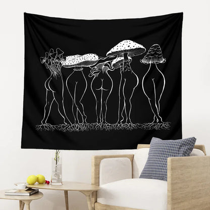 Decobites Mushroom Woman Tapestry Wall Hanging Black White Boho Decor Bedroom Aesthetic