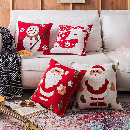 DecorBites™ Christmas Embroidered Cushion Cover Snowman Deer Santa Bell Snowflake Pillowcase