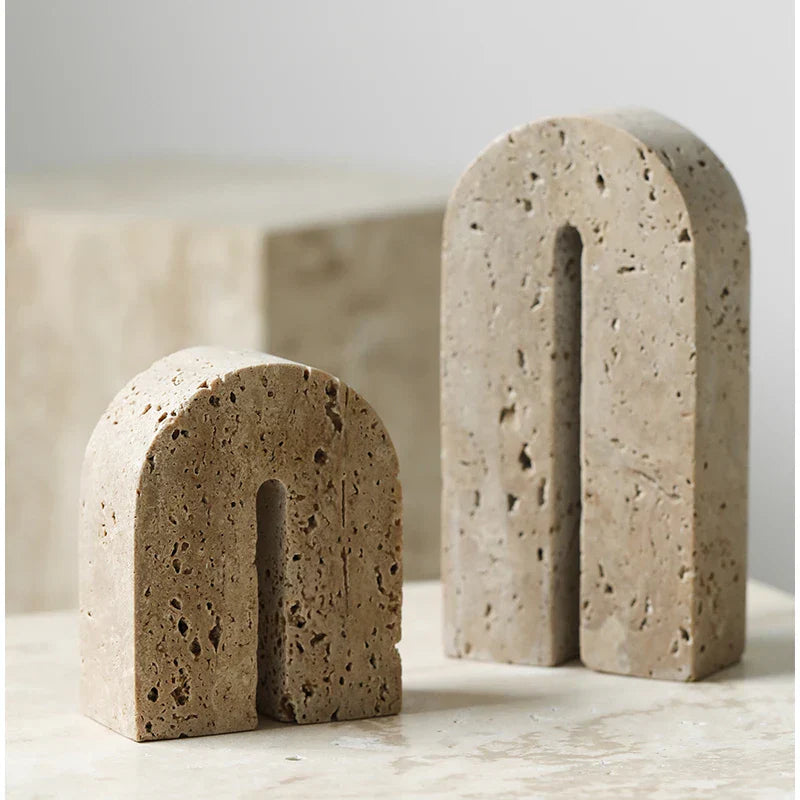 DecorBites™ Beige Travertine Stone Bookends - Luxury Vintage Book Holder Decor