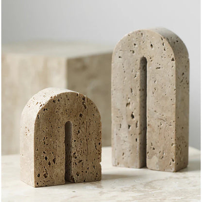 DecorBites™ Beige Travertine Stone Bookends - Luxury Vintage Book Holder Decor