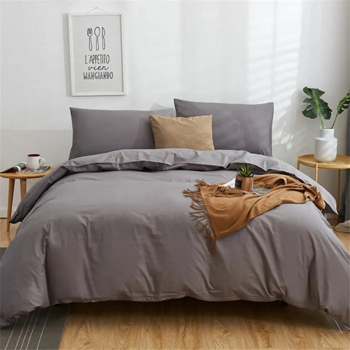 DecorBites™ Cotton 4pcs Bedding Set Double Queen Solid Color Duvet Cover Flat Bed Sheet
