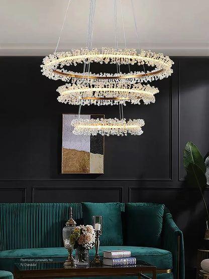 DecorBites™ Crystal Gold/Black Ring LED Chandelier: Minimalist Luxury Hanging Ceiling Light Fixtures