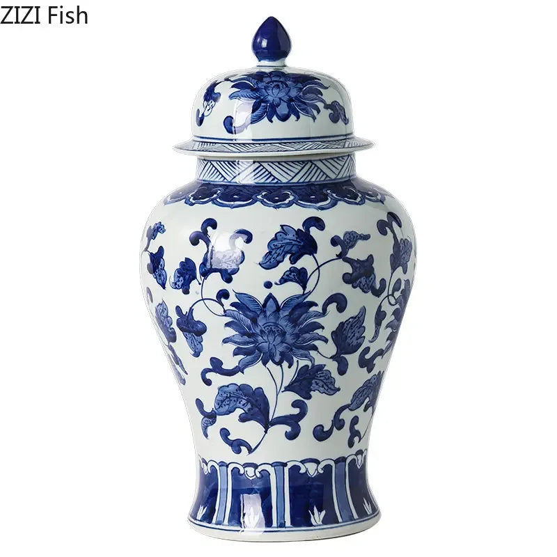 DecorBites™ Blue White Porcelain Bird Flower Jar Tea Canister Vase Desk Decor