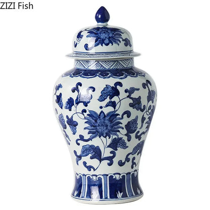 DecorBites™ Blue White Porcelain Bird Flower Jar Tea Canister Vase Desk Decor
