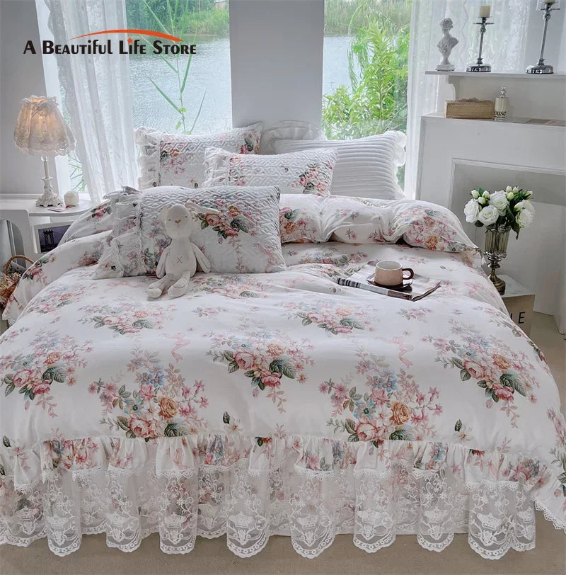 Decobites French Floral Print Bedding Set: Duvet Cover, Lace Ruffles, Quilted Embroidery, Pillowcases