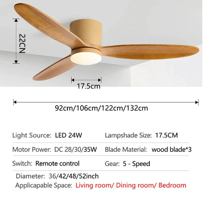 Decorbites™ Ventilador de Techo para Techos Bajos con Motor DC de 3 Aspas y 35W, Luz Tricolor de 24W y Control Remoto