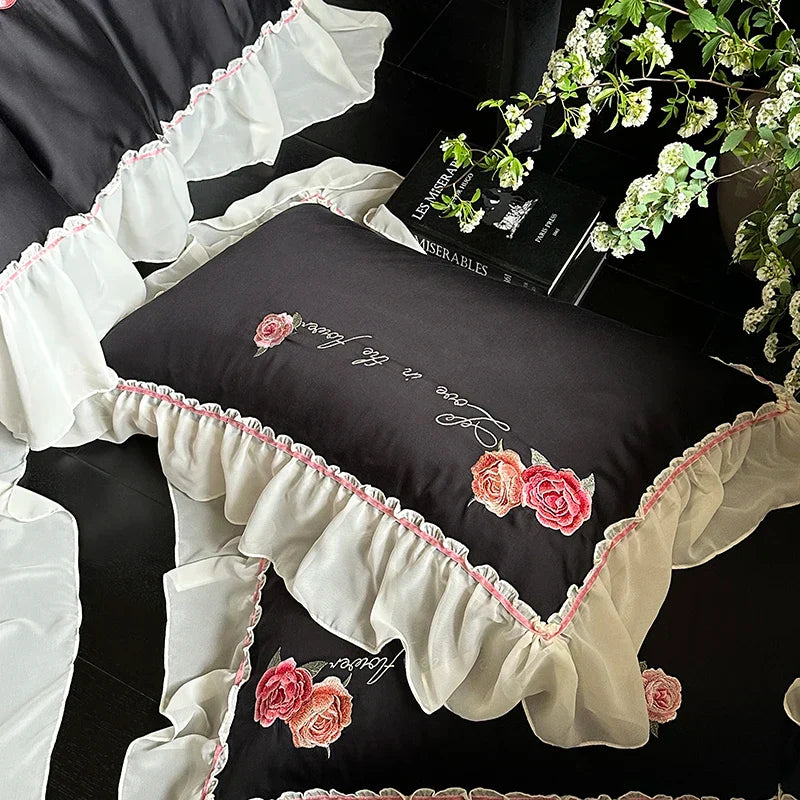 Decobites Floral Lace Princess Wedding Bedding Set with Lyocell Cotton Duvet Cover & Ruffles