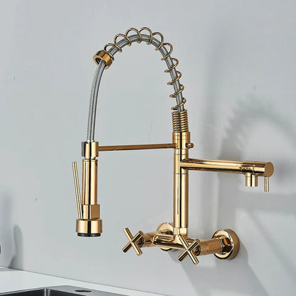 DecorBites™ Gold Black Kitchen Faucet Wall Mount Pull Down Tap Dual Swivel Spouts