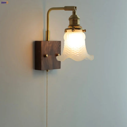 DecorBites™ Brass Walnut Wood LED Wall Sconce with Pull Chain Switch & Flower Glass