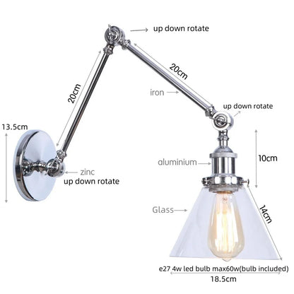 DecorBites™ Chrome Industrial LED Wall Sconce Swing Arm Clear Glass Lamp