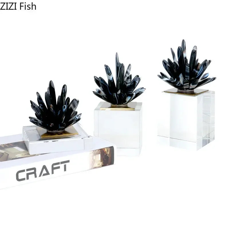 DecorBites™ Black Agate Flower Crystal Art Desk Decoration on Crystal Base