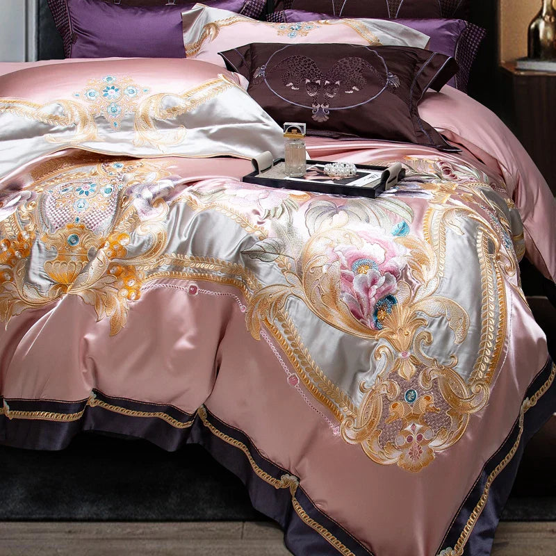 Decobites Pink Purple Embroidery European Palace Bedding Set - 9Pcs Premium Egyptian Cotton