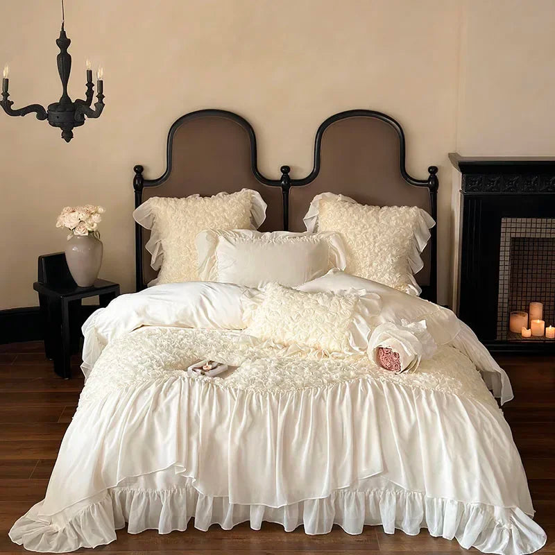 Decobites Rose Lace Bedding Set: Romantic Princess Wedding Duvet Cover Bed Sheet Pillowcases