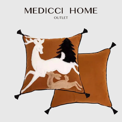 DecorBites™ Handmade Reindeer Applique Embroidery Christmas Cushion Cover - Festive Xmas Holiday Decor