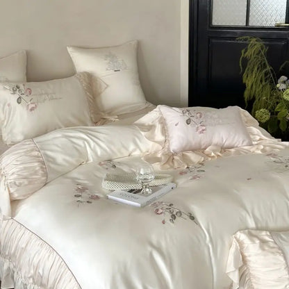 Decobites Embroidered Lace Princess Bedding Set - 4 Piece Cotton Flowers Collection