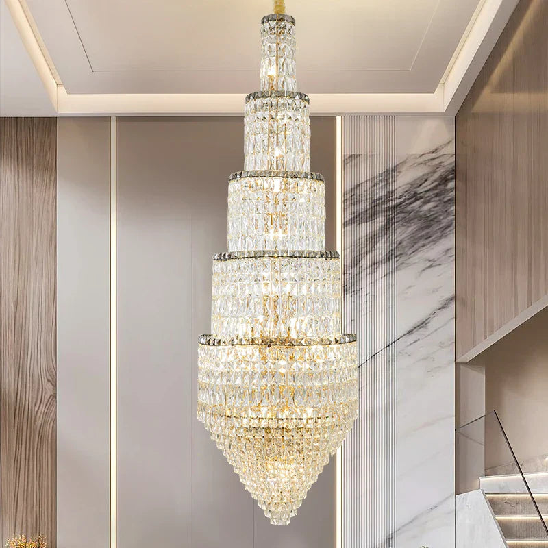 DecorBites™ Crystal Hollow Long Chandelier: Elegant Duplex Villa Hall Lighting