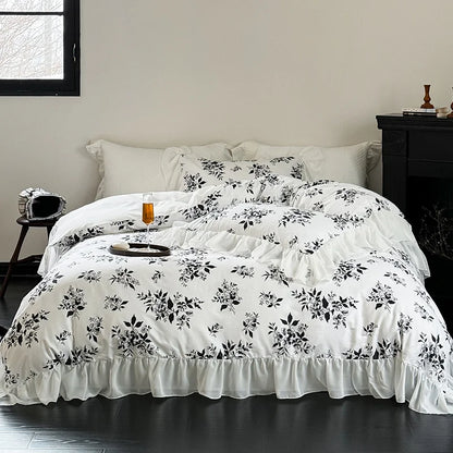 DecorBites™ Lace Ruffles Princess Cotton Bedding Set, Floral Quilt Cover, Girls Wedding Home Textiles