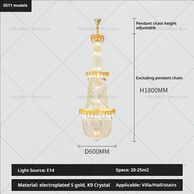 DecorBites™ Crystal Chandelier: Luxury Duplex Hotel Living Room Stairwell Design