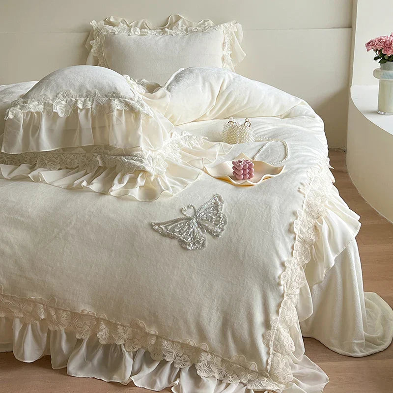 Decobites Velvet Fleece Bedding Set with Butterfly Embroidery and French Hollow Lace