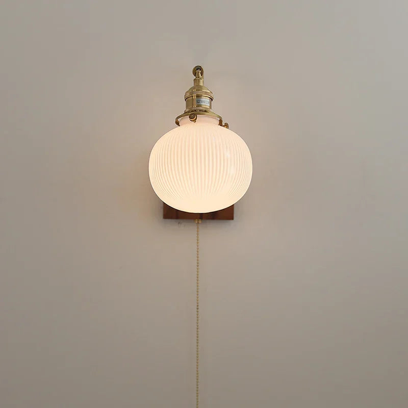 DecorBites™ Globe Ceramic Walnut Wood Wall Light with Pull Chain Switch and Rotatable Design