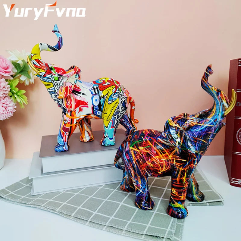 DecorBites™ Elephant Sculpture: Nordic Painting Graffiti Resin Art Figurine & Home Decor Craft
