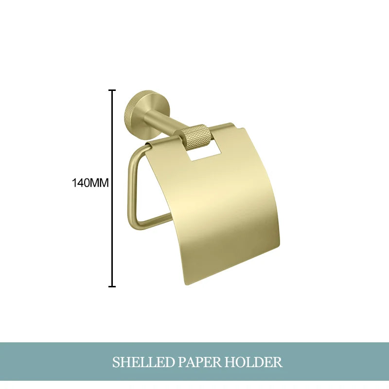 Conjunto de Hardware Decorbites™ Gold: Barra de Toallas, Soporte para Papel Higiénico, Gancho para Batas, Colgador de Tazas