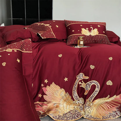 DecorBites™ Gold Swan Love Wedding Bedding Set, Egyptian Cotton, 1000TC, 4 or 6Pcs