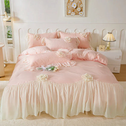 Decobites Princess Style Cotton Bedding Set with Flowers, Lace Ruffles, and Quilted Details