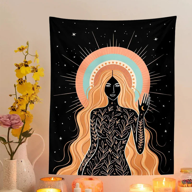 Moon Phase Girl Tapestry Wall Hanging Boho decor Decobites Witchcraft Tapestries Bedroom Girl's room