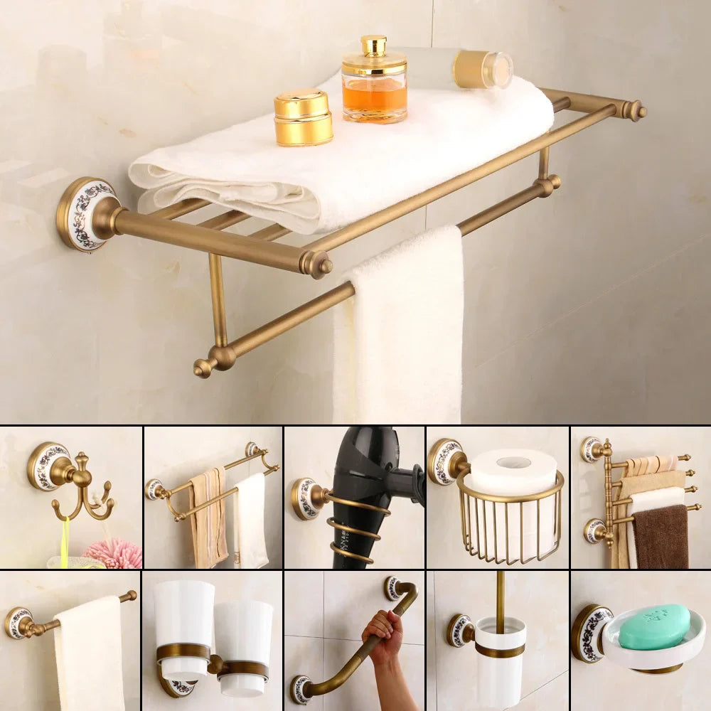 DecorBites™ Bronze Bathroom Hardware Set - Shelf, Towel Rack, Toilet Brush Holder, Soap Dish