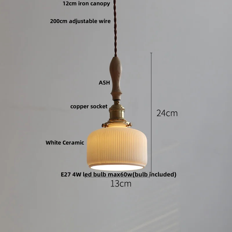 DecorBites™ LED Pendant Light Ash Wood White Ceramic Japanese Style Hanging Lamp