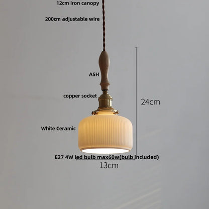 DecorBites™ LED Pendant Light Ash Wood White Ceramic Japanese Style Hanging Lamp