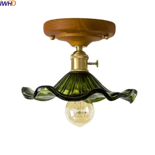 DecorBites™ Green Glass LED Ceiling Lamp Nordic Wood Copper Ceiling Lights